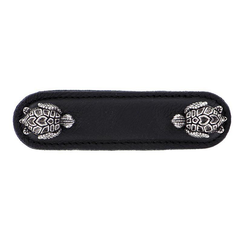 Vicenza Hardware Leather Collection 3" (76mm) Tartaruga Pull in Black Leather in Antique Silver