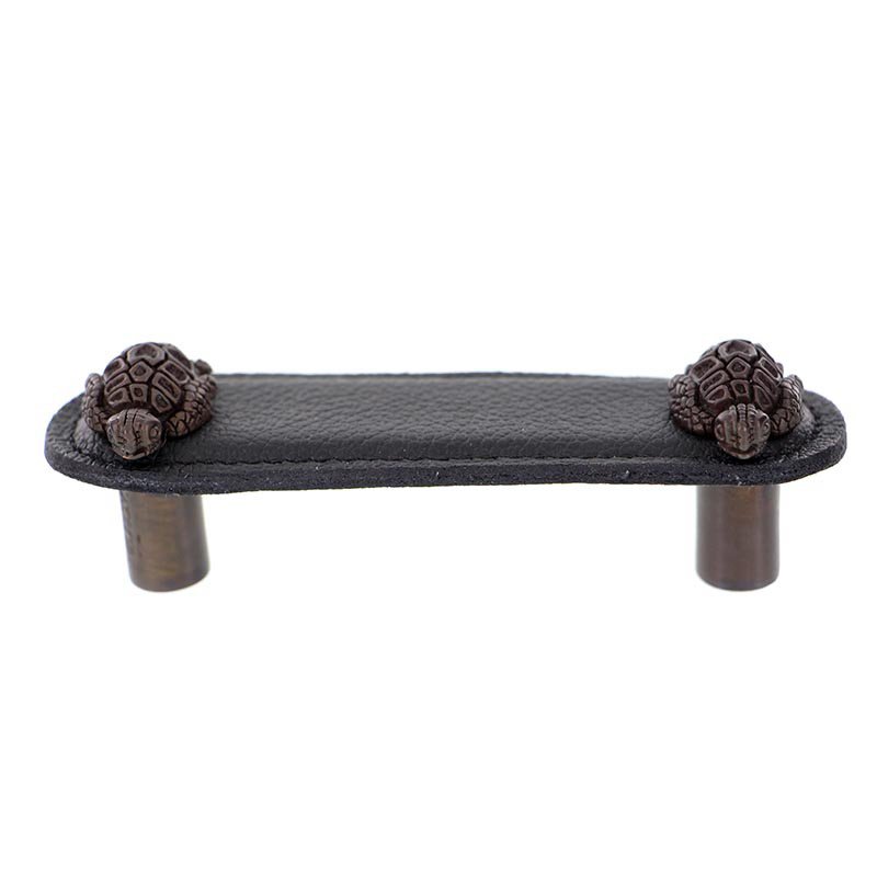 Vicenza Hardware Leather Collection 3" (76mm) Tartaruga Pull in Black Leather in Oil Rubbed Bronze