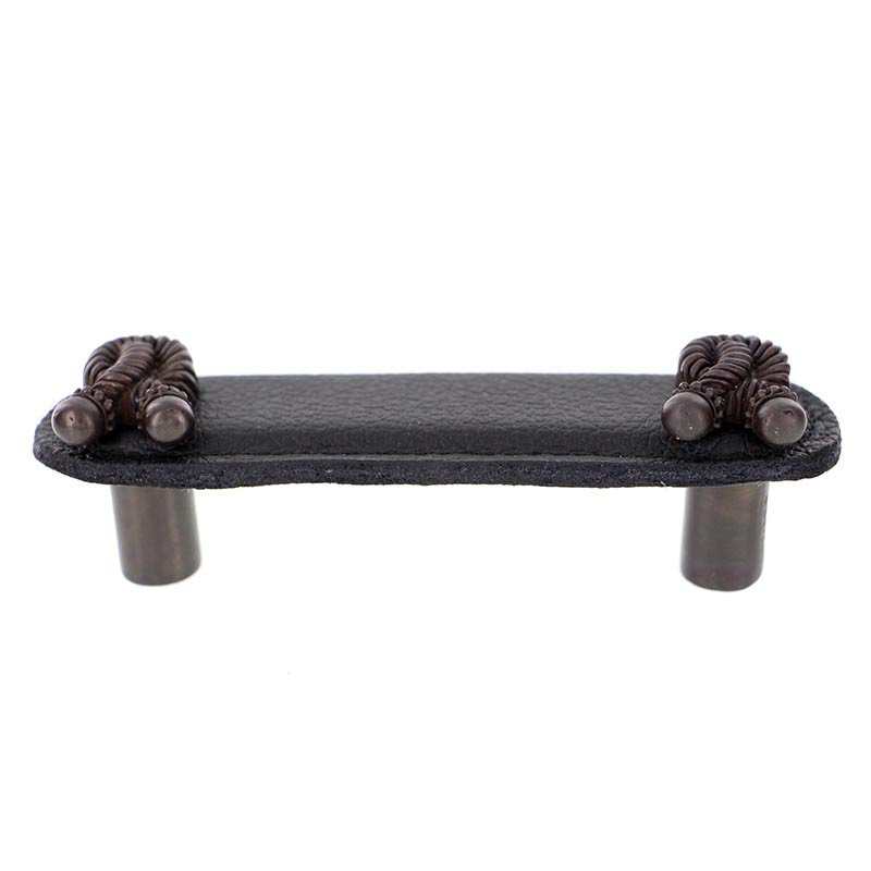 Vicenza Hardware Leather Collection 3" (76mm) Bonata Pull in Black Leather in Oil Rubbed Bronze