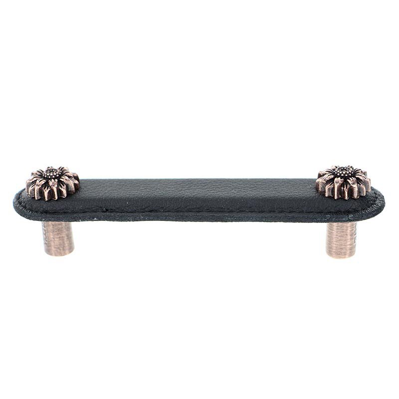 Vicenza Hardware Leather Collection 4" (102mm) Margherita Pull in Black Leather in Antique Copper