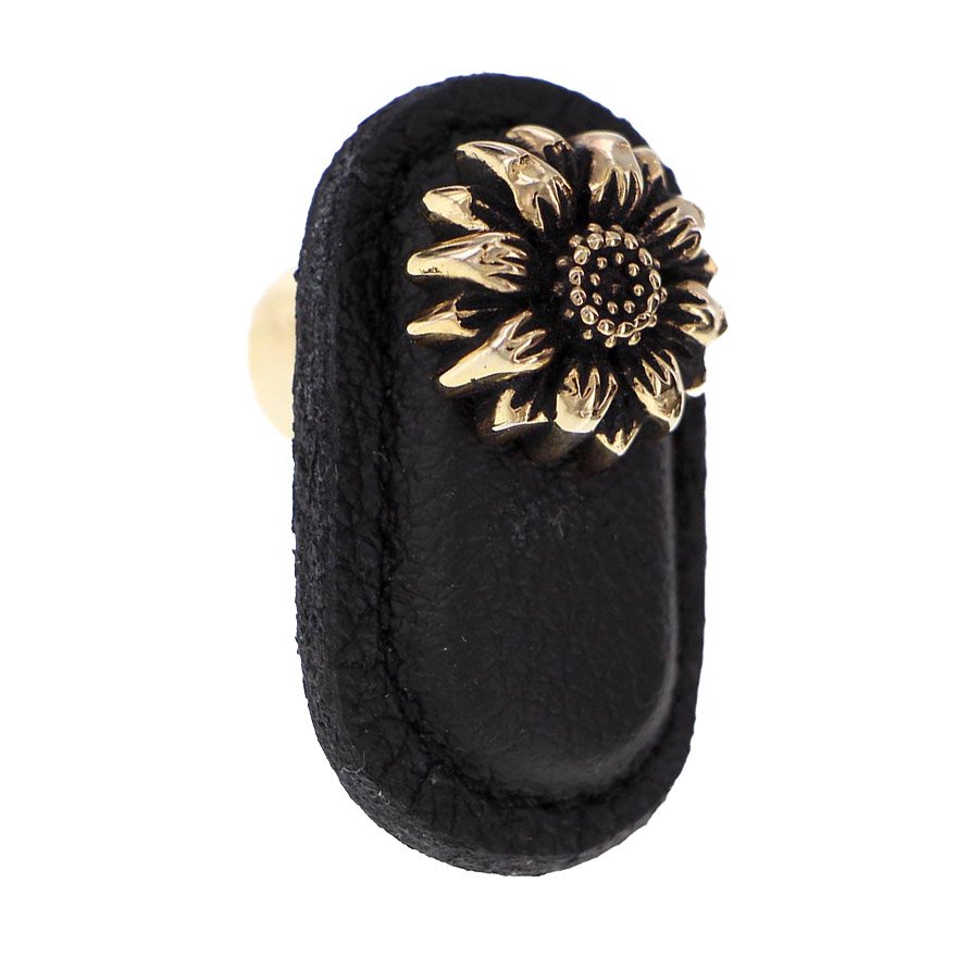 Vicenza Hardware Leather Collection Margherita Knob in Black Leather in Antique Gold