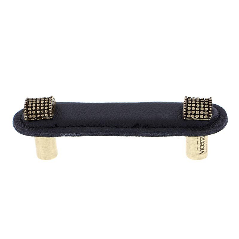 Vicenza Hardware Leather Collection 3" (76mm) Tiziano Pull in Black Leather in Antique Brass