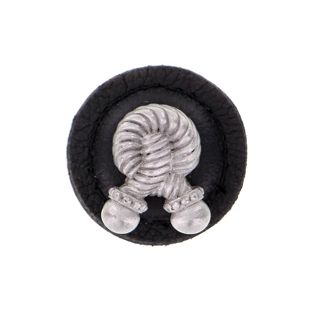 Vicenza Hardware 1 1/4" Round Rope Knob with Leather Insert in Satin Nickel with Black Leather Insert