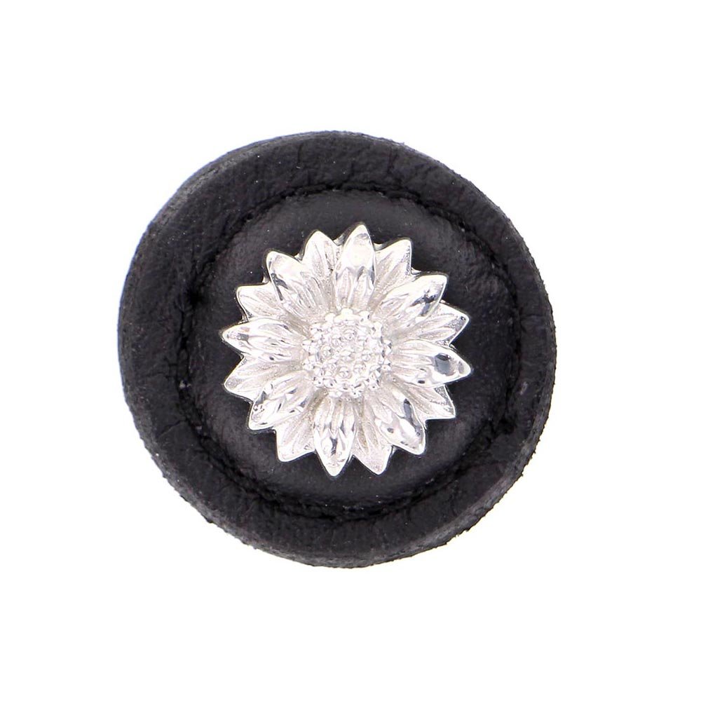 Vicenza Hardware 1 1/4" Daisy Knob with Leather Insert in Polished Silver with Black Leather Insert