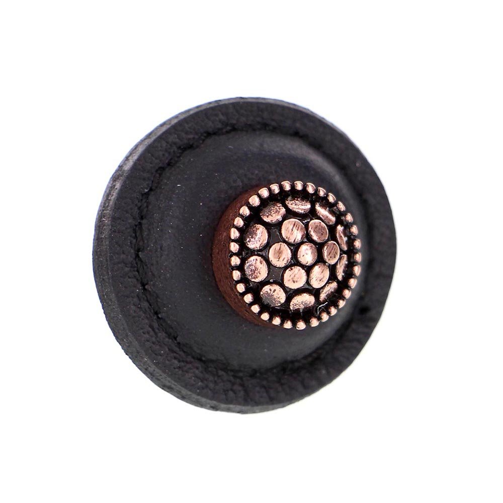 Vicenza Hardware 1 1/4" Round Knob with Leather Insert in Antique Copper with Black Leather Insert