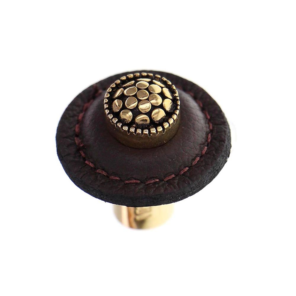 Vicenza Hardware 1 1/4" Round Knob with Leather Insert in Antique Gold with Brown Leather Insert