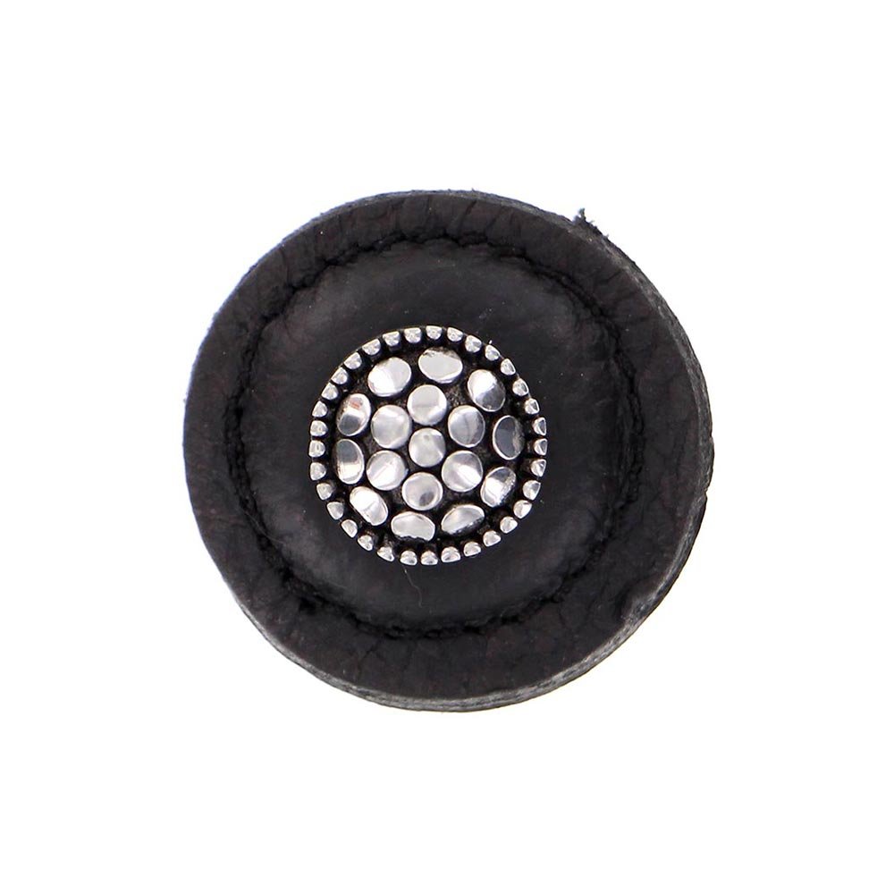 Vicenza Hardware 1 1/4" Round Knob with Leather Insert in Antique Silver with Black Leather Insert