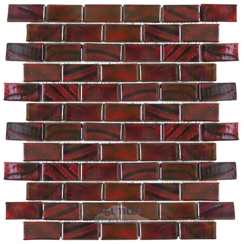 Vidrepur 1" x 2" Recycled Glass Tile on 12 1/2" x 12 1/2" Mesh Backed Sheet in Brushed Black / Red Iridescent