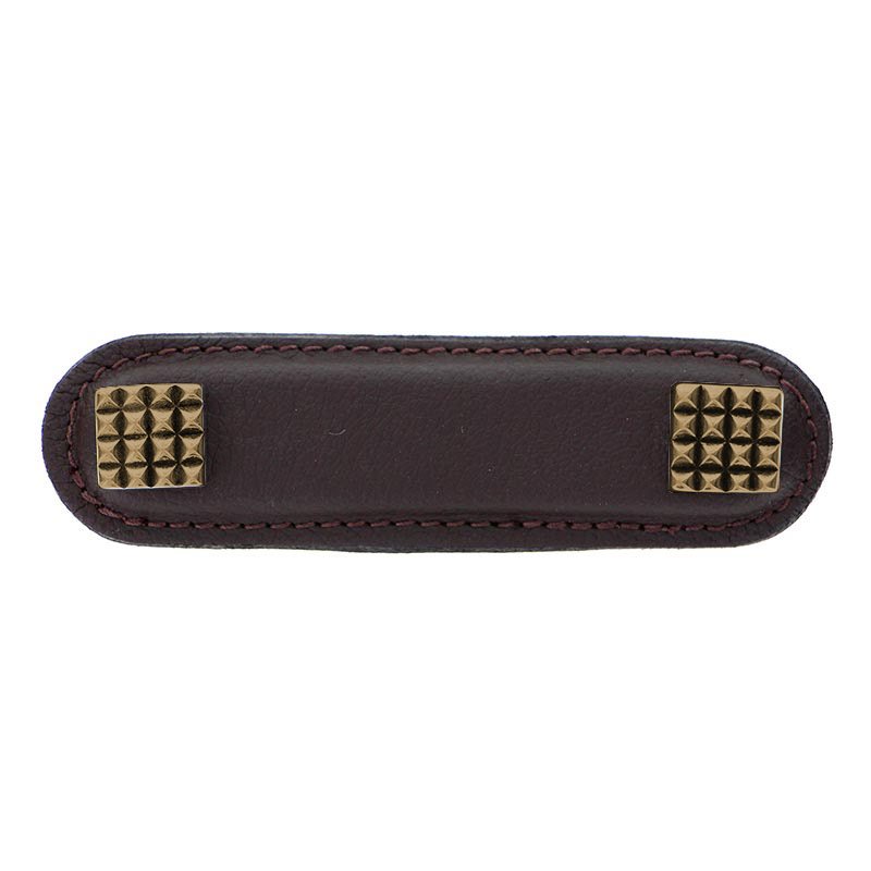 Vicenza Hardware Leather Collection 3" (76mm) Solferino Pull in Brown Leather in Antique Brass