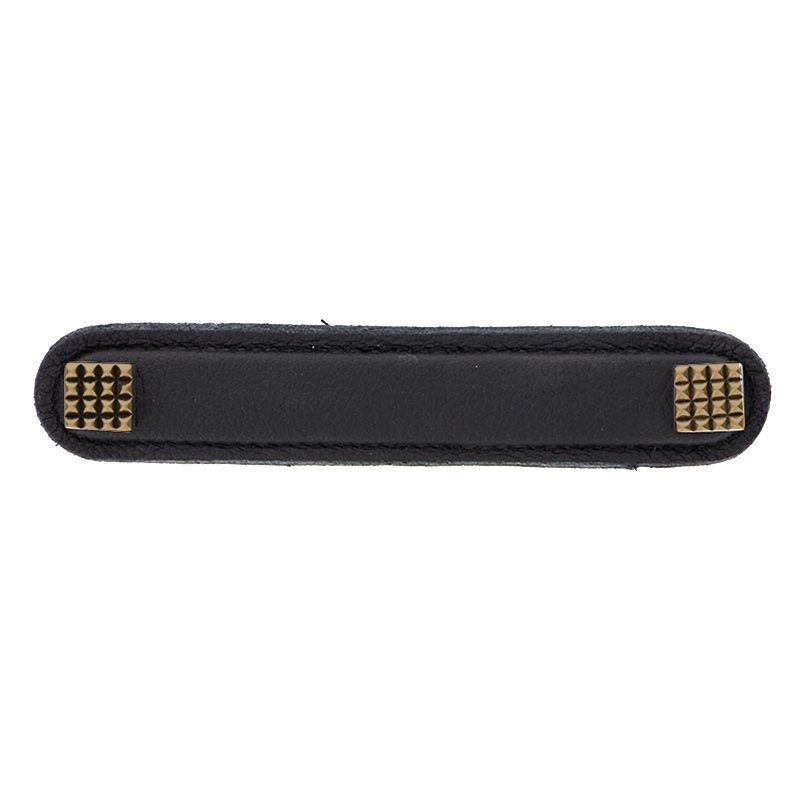 Vicenza Hardware Leather Collection 5" (128mm) Solferino Pull in Black Leather in Antique Brass