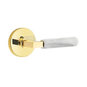 Emtek Hardware Double Dummy White Marble Left Handed Lever With L-Square Stem And Disk Rose In Unlacquered Brass
