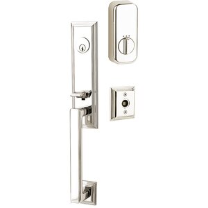 Emtek Hardware Wilshire Handleset with Empowered Smart Lock Upgrade and Milano Right Handed Lever in Polished Nickel