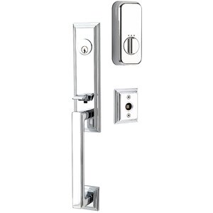 Emtek Hardware Wilshire Handleset with Empowered Smart Lock Upgrade and Ribbon and Reed Left Handed Lever in Polished Chrome