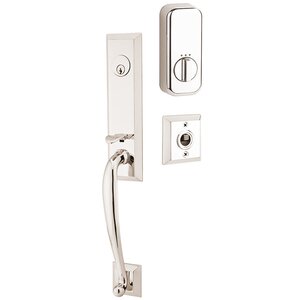 Emtek Hardware Adams Handleset with Empowered Smart Lock Upgrade and Freestone Right Handed Lever in Polished Nickel