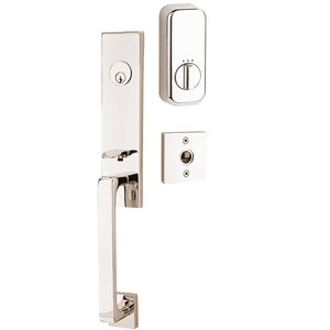 Emtek Hardware Davos Handleset with Empowered Smart Lock Upgrade and Sion Right Handed Lever in Polished Nickel