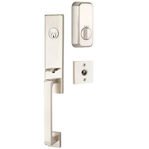 Emtek Hardware Davos Handleset with Empowered Smart Lock Upgrade and Ribbon And Reed Right Handed Lever in Satin Nickel