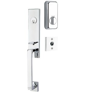 Emtek Hardware Davos Handleset with Empowered Smart Lock Upgrade and Sion Right Handed Lever in Polished Chrome