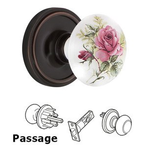 Classic - Complete Passage Set - Classic Rosette with White Rose Porcelain  Door Knob in Timeless Bronze - Nostalgic Warehouse 700227
