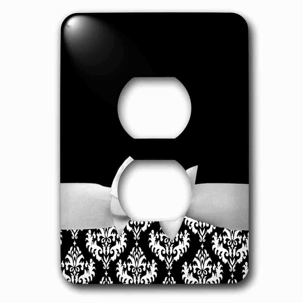 Jazzy Wallplates Single Duplex Outlet With Elegant And Classy White Ribbon Bow With White Damask Pattern And Classic Black Background
