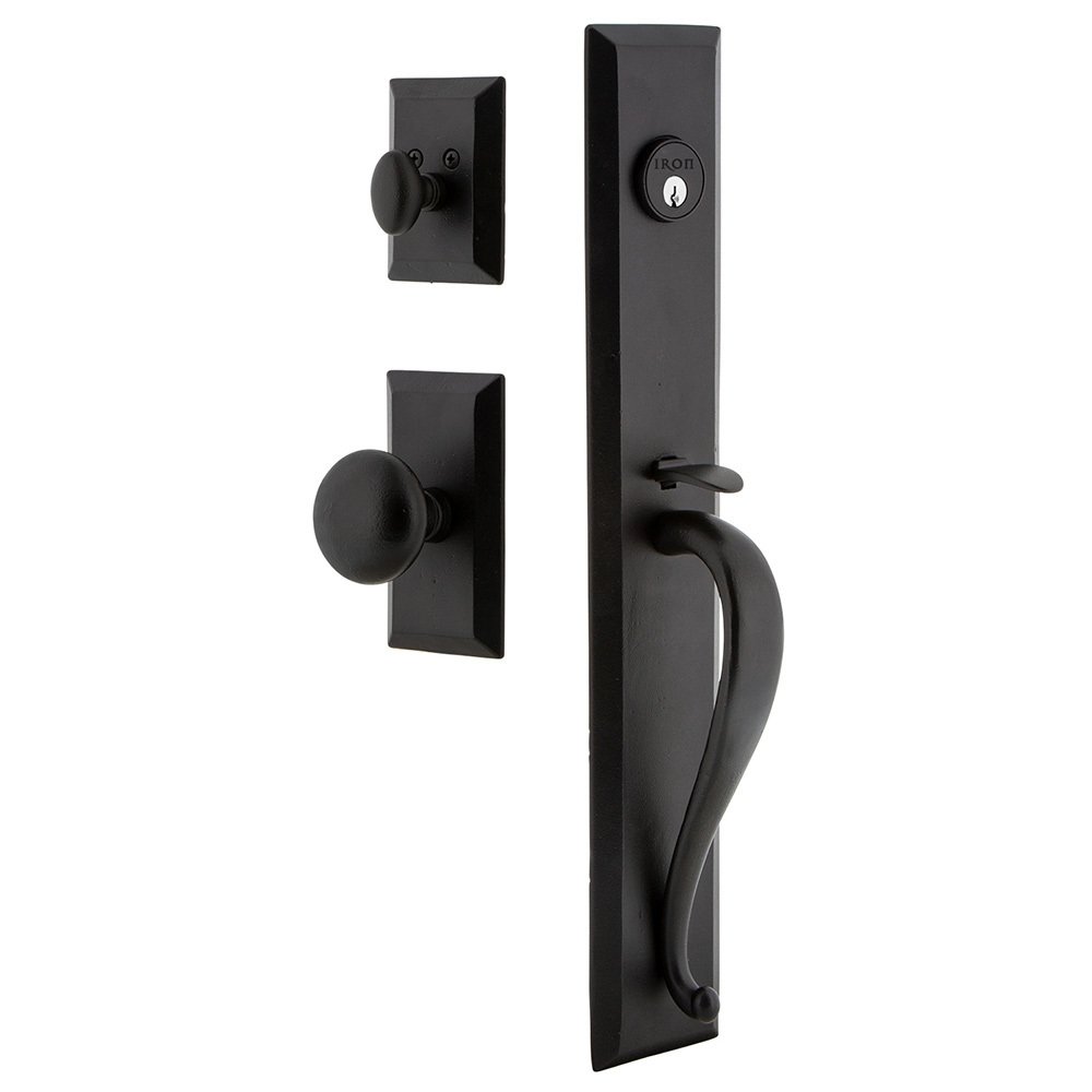 Ageless Iron Keep One-Piece Dummy Handleset with A Grip with Vale Plate Keep Knob in Black Iron