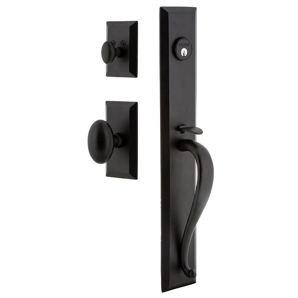 Ageless Iron Keep One-Piece Handleset with A Grip with Vale Plate and Aeg Knob in Black Iron