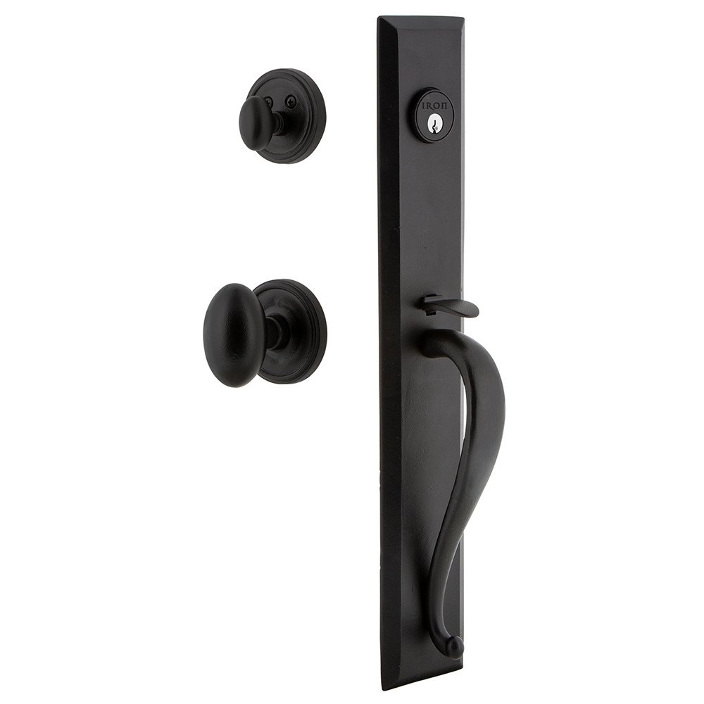 Ageless Iron Keep One-Piece Handleset with A Grip with Loch Rosette and Aeg Knob in Black Iron