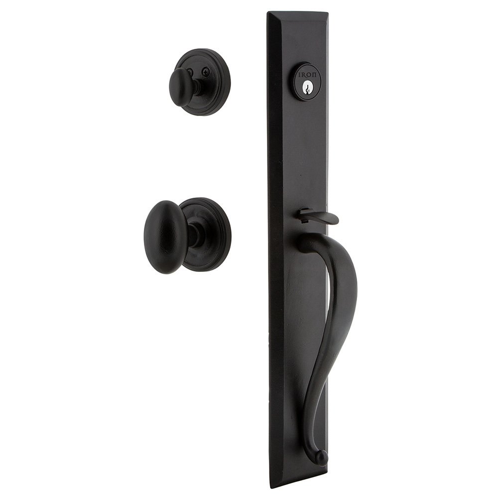 Ageless Iron Keep One-Piece Dummy Handleset with A Grip with Loch Rosette and Aeg Knob in Black Iron