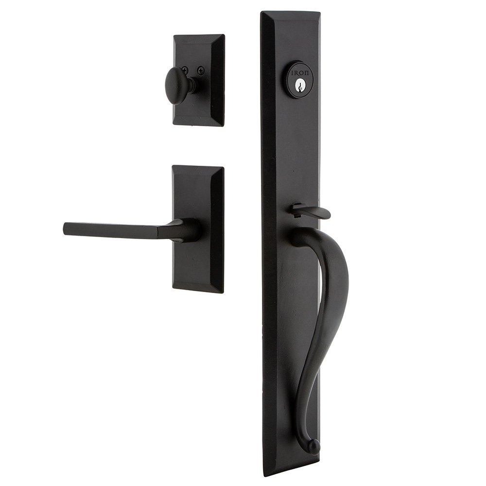 Ageless Iron Keep One-Piece Dummy Handleset with A Grip with Vale Plate Dirk Lever in Black Iron