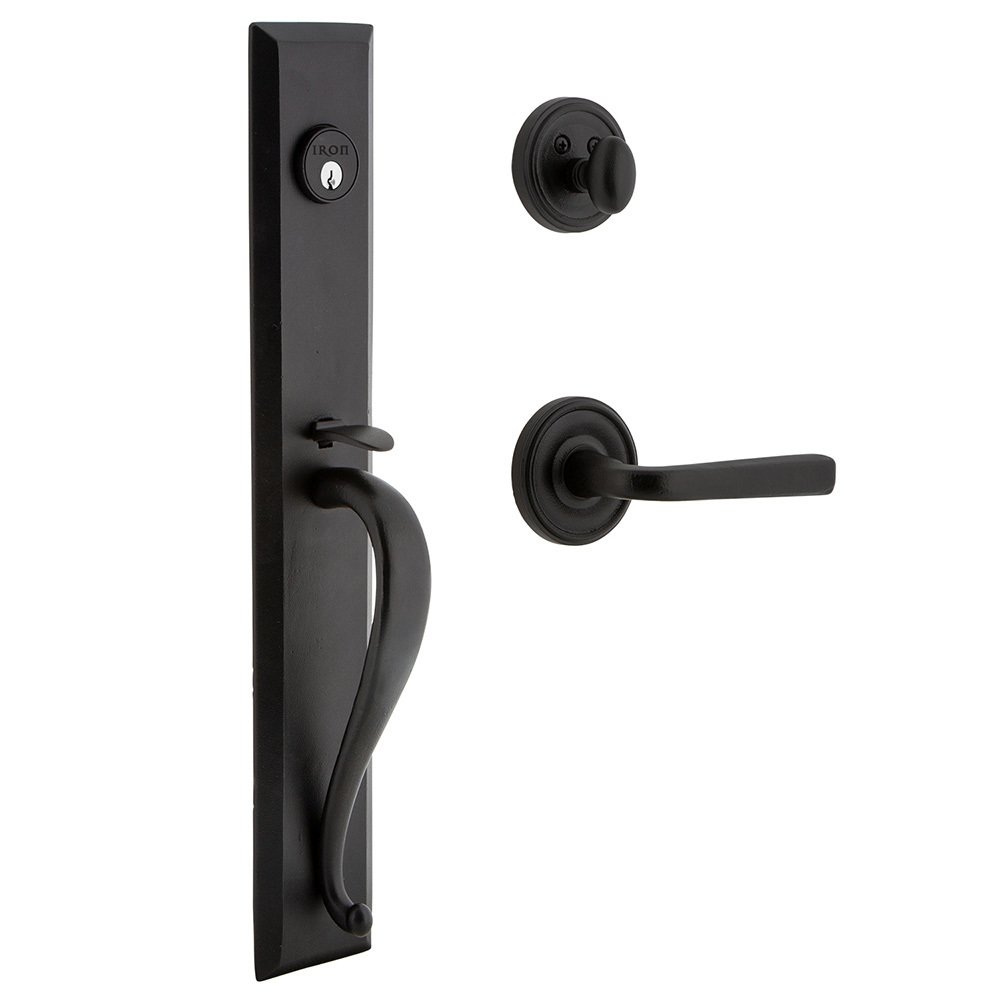Ageless Iron Keep One-Piece Dummy Handleset with A Grip with Loch Rosette and Lance Lever in Black Iron
