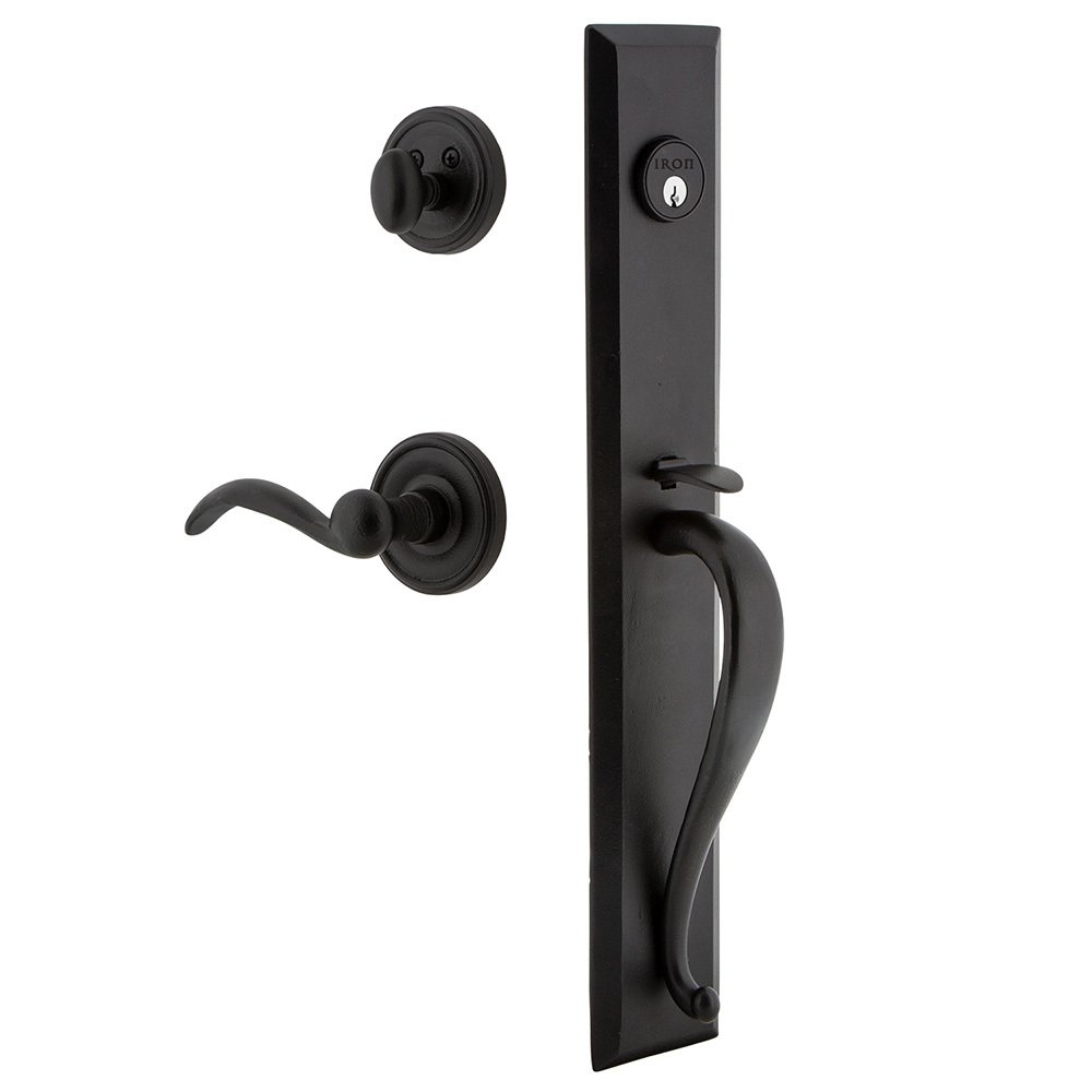 Ageless Iron Keep One-Piece Dummy Handleset with A Grip with Loch Rosette and Tine Lever in Black Iron