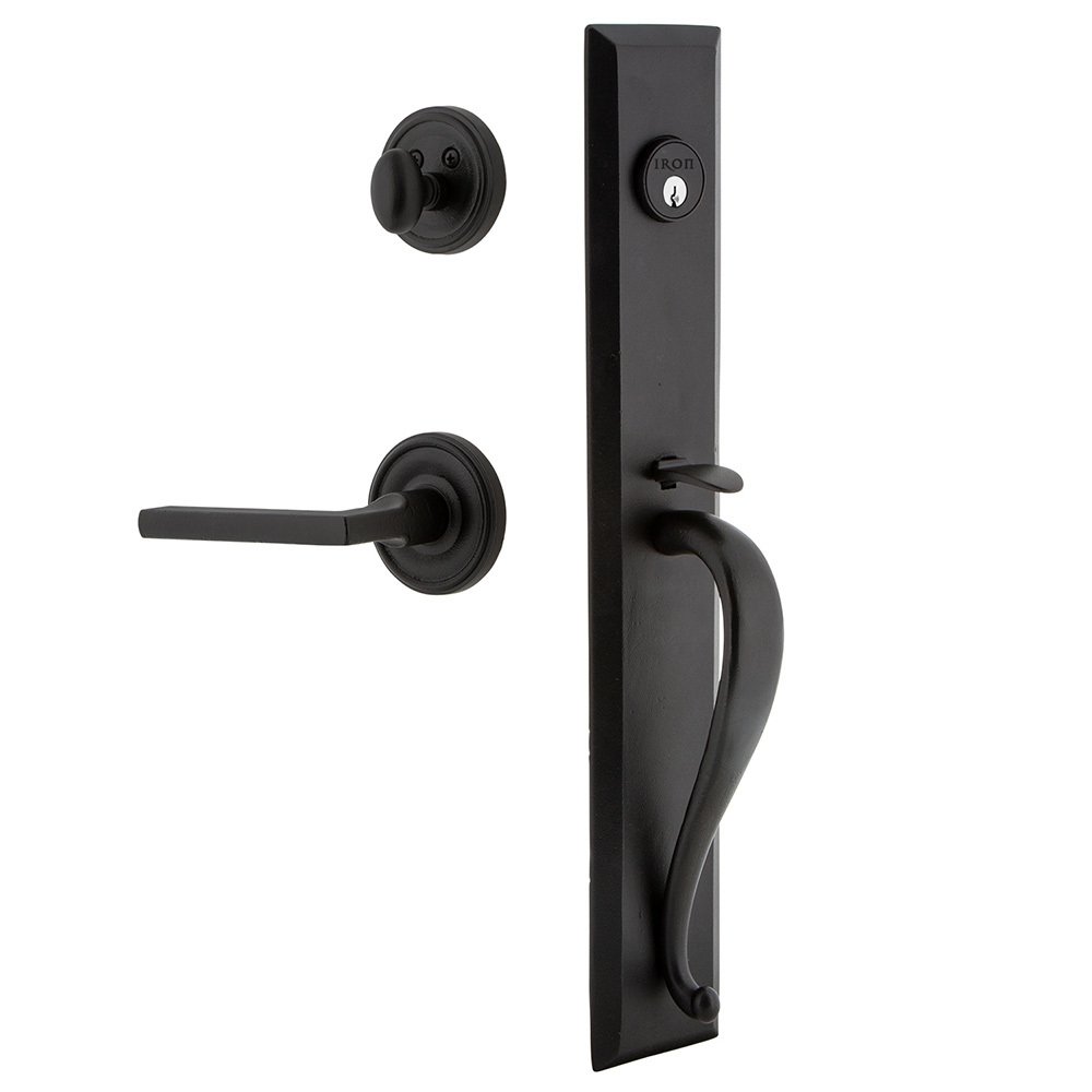 Ageless Iron Keep One-Piece Dummy Handleset with A Grip with Loch Rosette and Dirk Lever in Black Iron