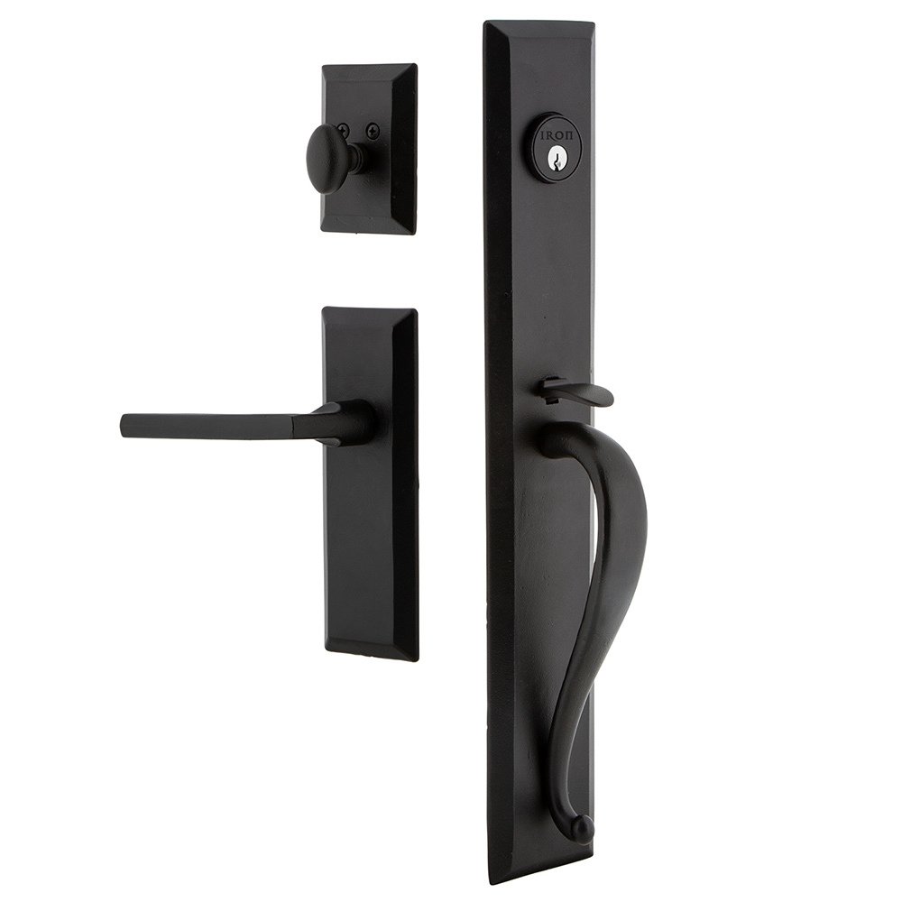 Ageless Iron Keep One-Piece Handleset with A Grip with Keep Plate and Dirk Lever in Black Iron