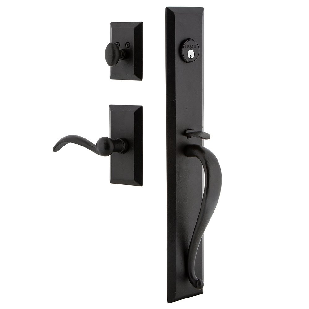 Ageless Iron Keep One-Piece Handleset with A Grip with Vale Plate and Tine Lever in Black Iron