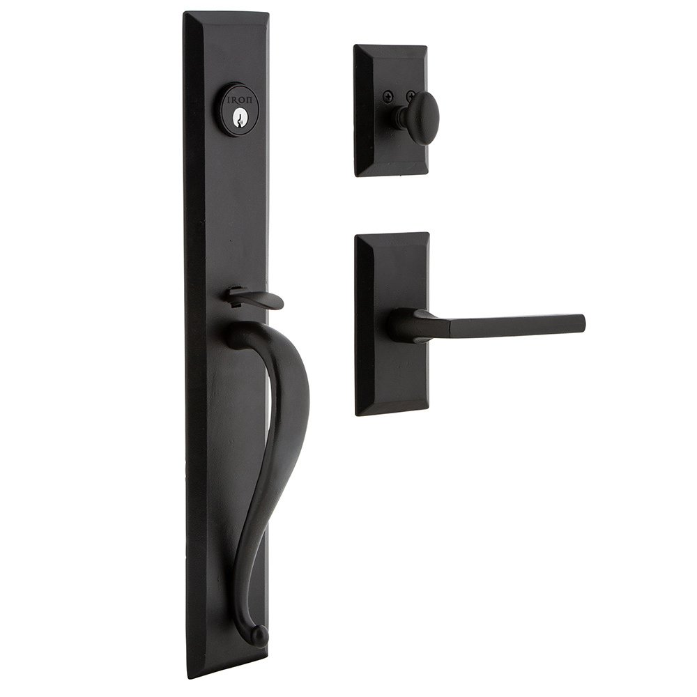Ageless Iron Keep One-Piece Handleset with A Grip with Vale Plate and Dirk Lever in Black Iron