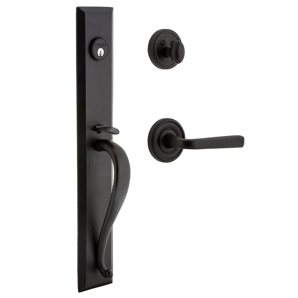 Ageless Iron Keep One-Piece Handleset with A Grip with Loch Rosette and Lance Lever in Black Iron