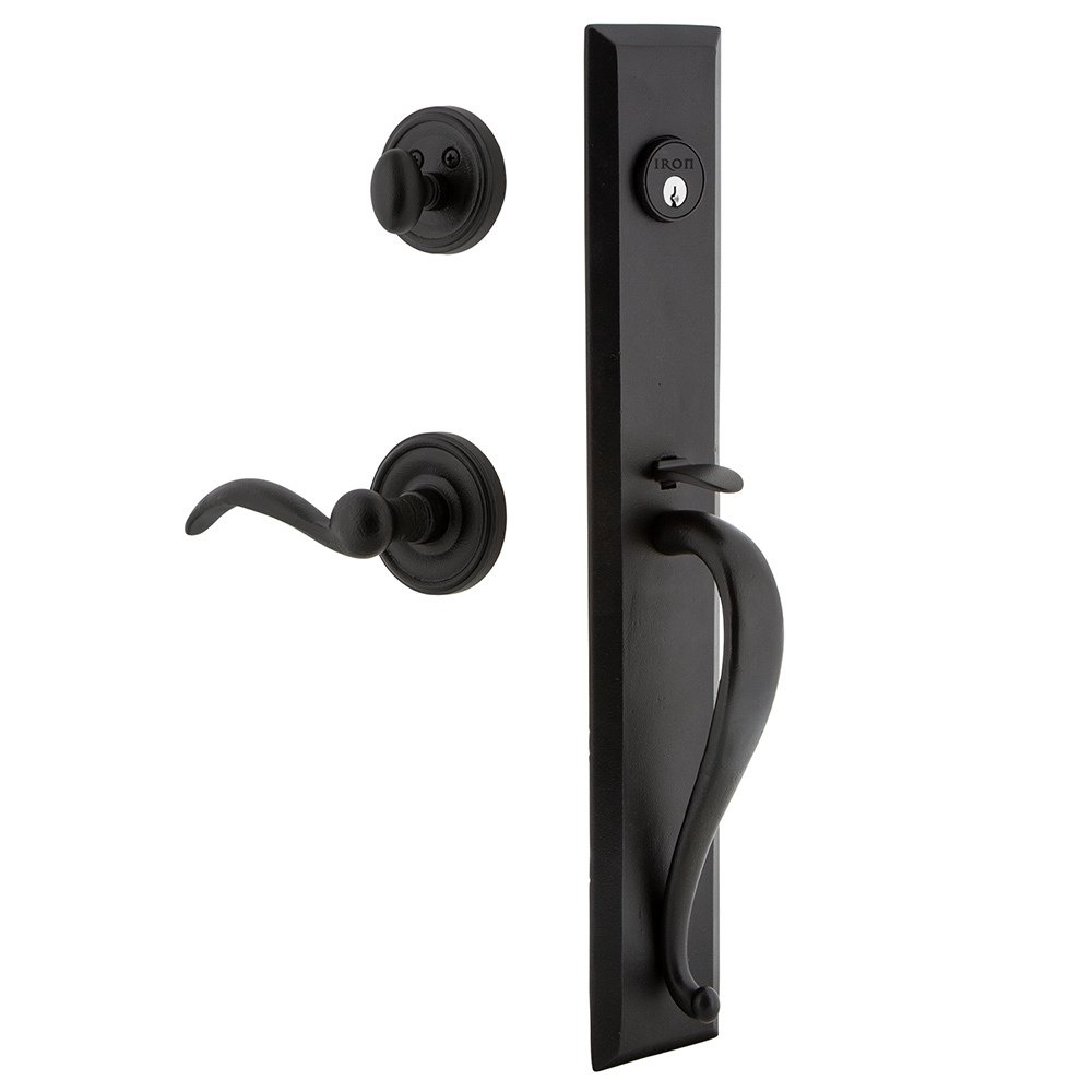 Ageless Iron Keep One-Piece Handleset with A Grip with Loch Rosette and Tine Lever in Black Iron