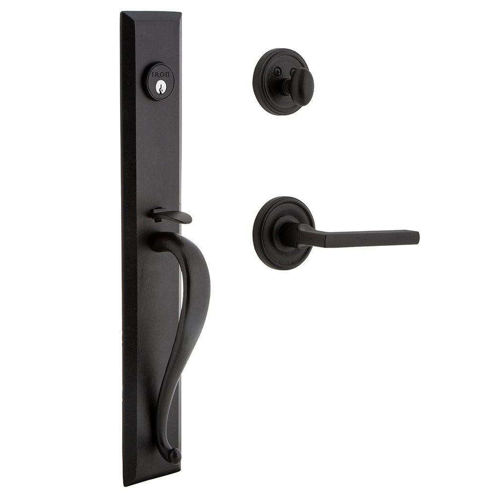 Ageless Iron Keep One-Piece Handleset with A Grip with Loch Rosette and Dirk Lever in Black Iron