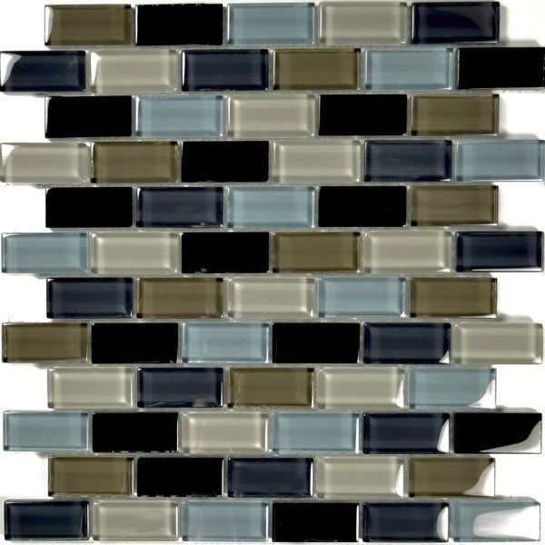 Aqua Mosaics 1" x 2" Brick Crystal Mosaic in Black Charcoal Gray Taupe Blend