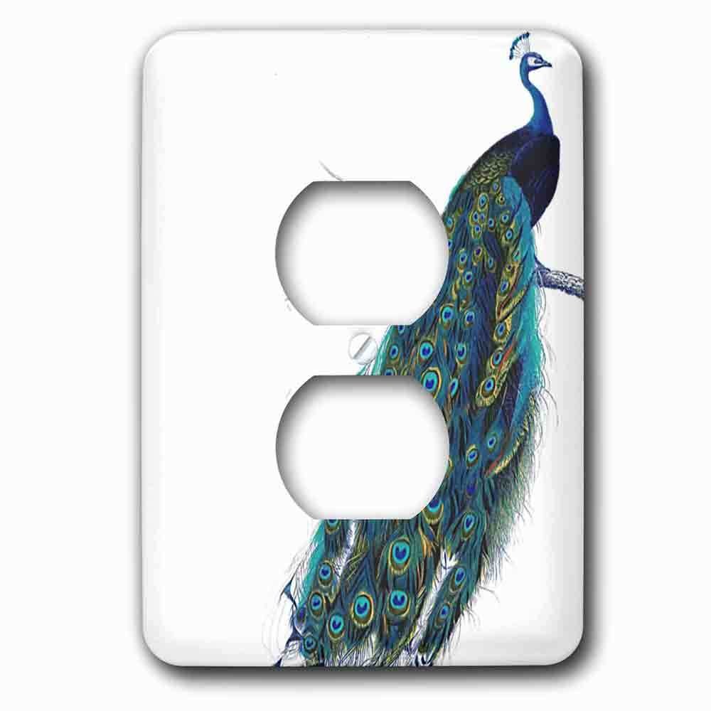 Jazzy Wallplates Single Duplex Outlet With Vintage Peacock Art Blue And Green Elegant Stylish Bird On Branch Beautiful Tail Feathers White
