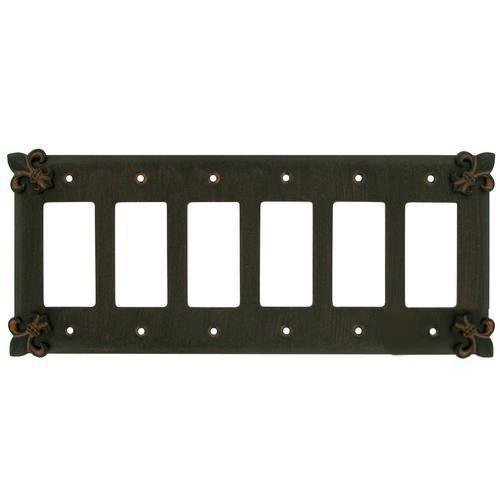 Anne at Home Fleur De Lis Six Gang Rocker/GFI Switchplate in Black with Cherry Wash