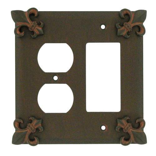 Anne at Home Fleur De Lis Combo GFI/Duplex Outlet Switchplate in Pewter with Terra Cotta Wash