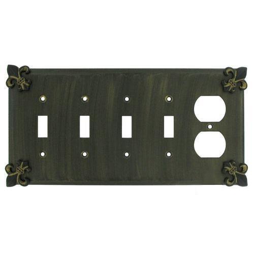 Anne at Home Fleur De Lis 4 Toggle/1 Duplex Outlet Switchplate in Pewter with Maple Wash