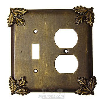Anne at Home Oak Leaf Switchplate Combo Single Toggle Duplex Outlet Switchplate in Pewter with Cherry Wash