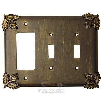 Anne at Home Oak Leaf Switchplate Combo Rocker/GFI Double Toggle Switchplate in Pewter with Verde Wash