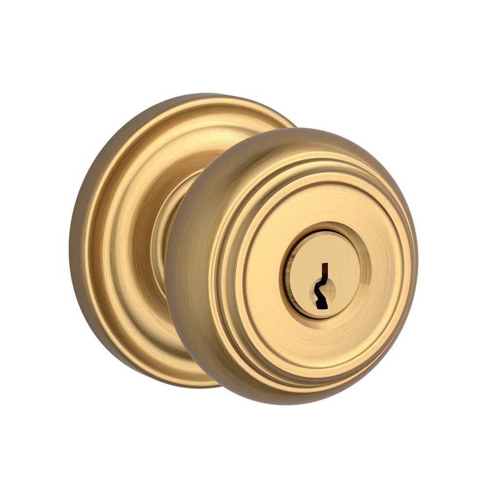 Baldwin Keyed Entry Door Knob with Round Rose in PVD Lifetime Satin Brass