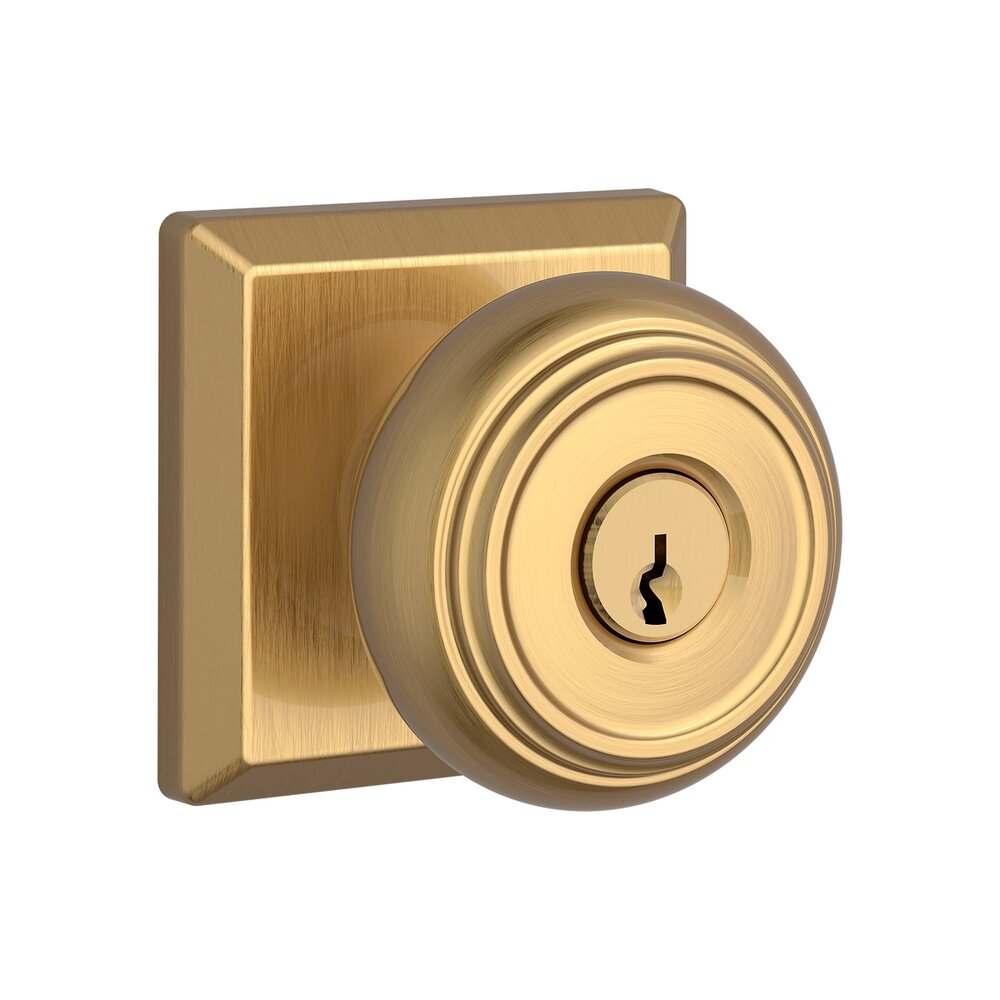Baldwin Keyed Entry Door Knob with Square Rose in PVD Lifetime Satin Brass