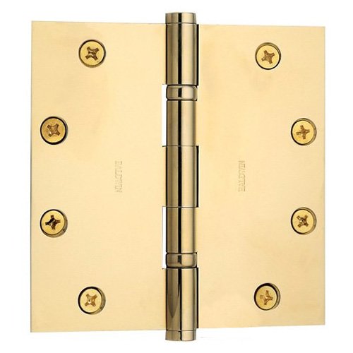 Baldwin 4 1/2" x 4 1/2" Ball Bearing Square Corner Door Hinge with Non Removable Pin in Lifetime PVD Polished Brass (Sold Individually)