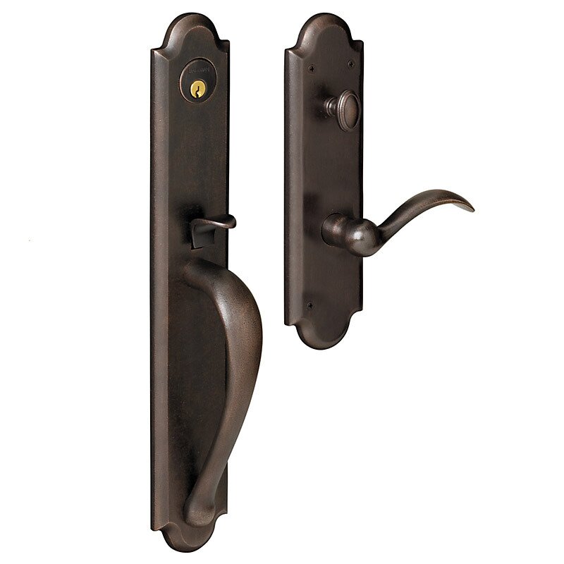 Baldwin Full Escutcheon Left Handed Single Cylinder Handleset with Beavertail Lever in Distressed Oil Rubbed Bronze