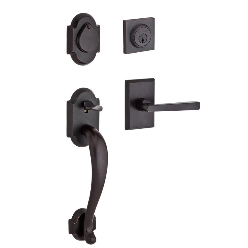 Baldwin Handleset with Left Handed Tapered Lever and Rustic Square Rose in Dark Bronze