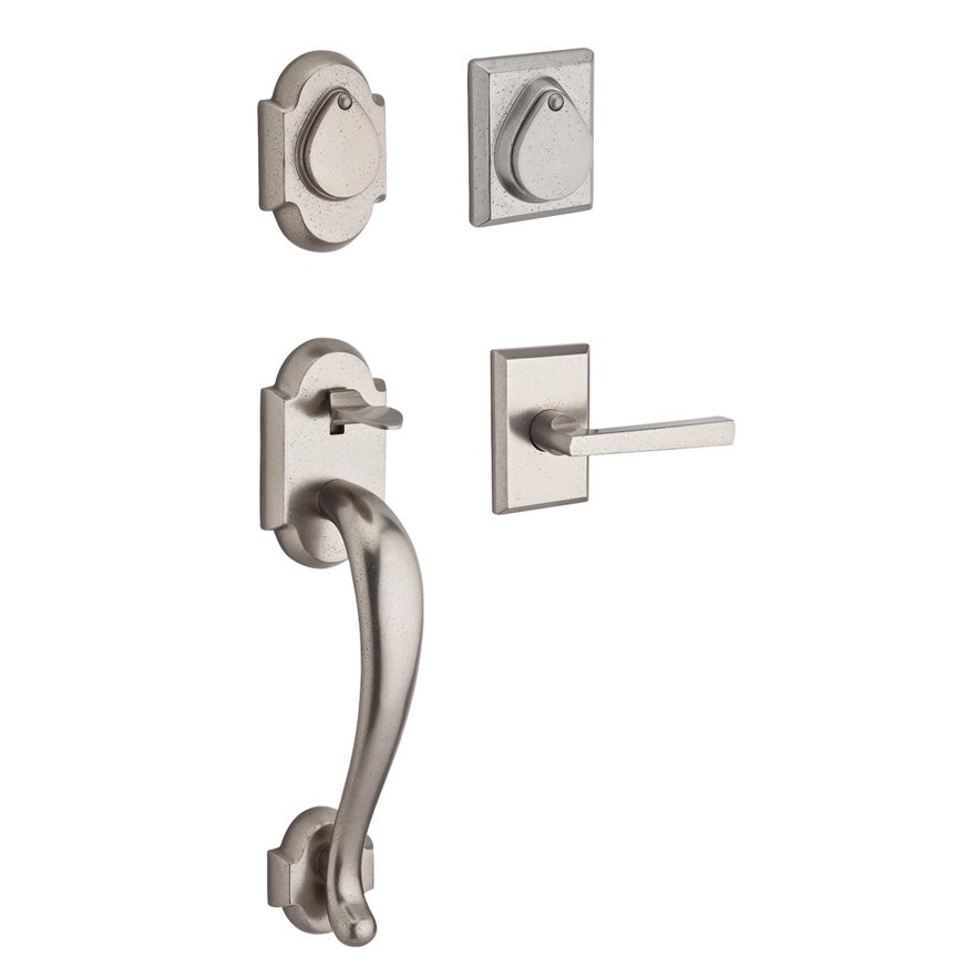 Baldwin Handleset with Left Handed Tapered Lever and Rustic Square Rose in White Bronze